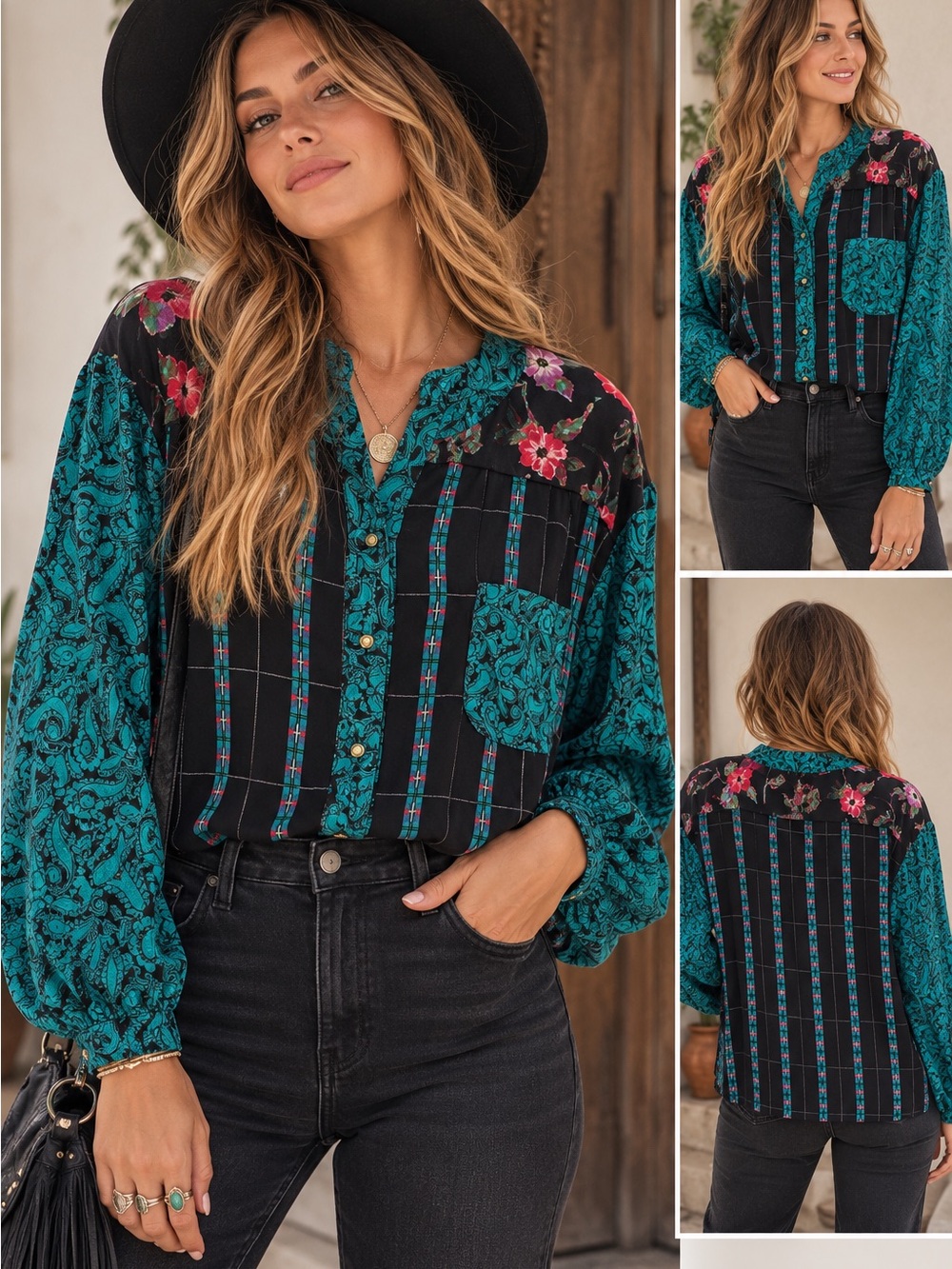Vintage Carole Little Petites Teal Paisley Plaid Blouse
